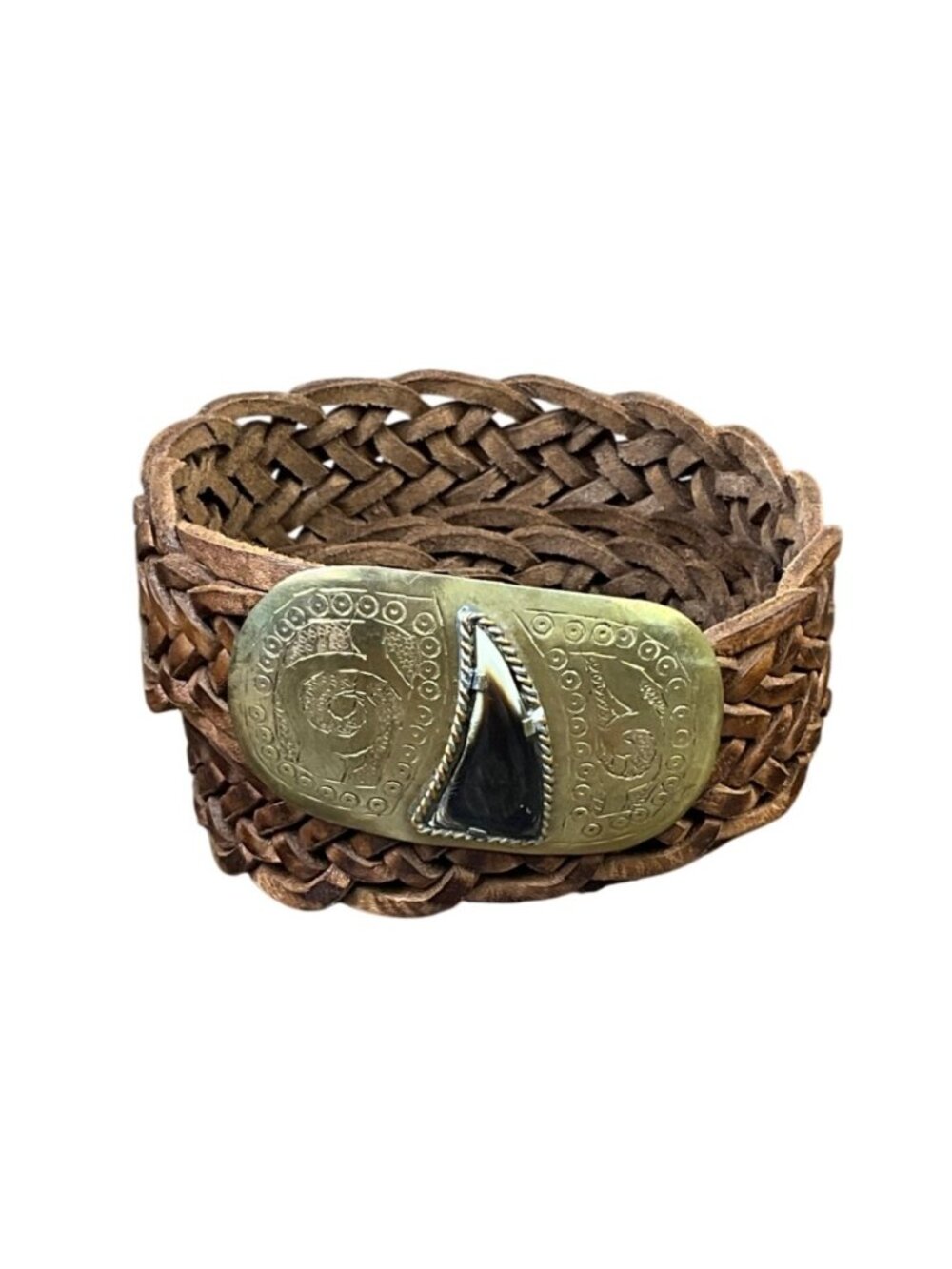 Chicos Brown Genuine Leather Woven Belt Shark Tooth Ornate Brass Buckle Size M/L
